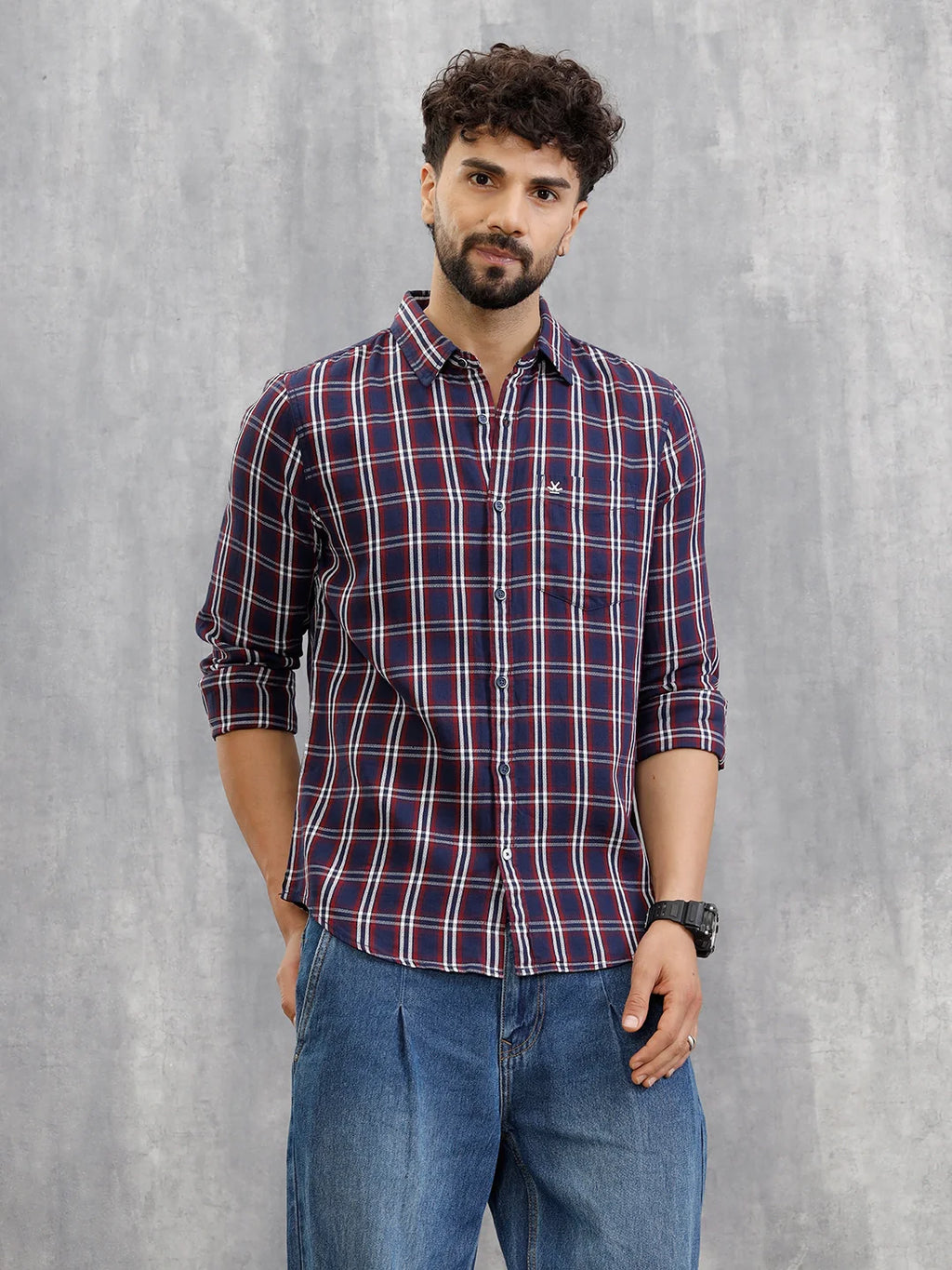 Textured Checkered Cotton Shirt | Navy Blue