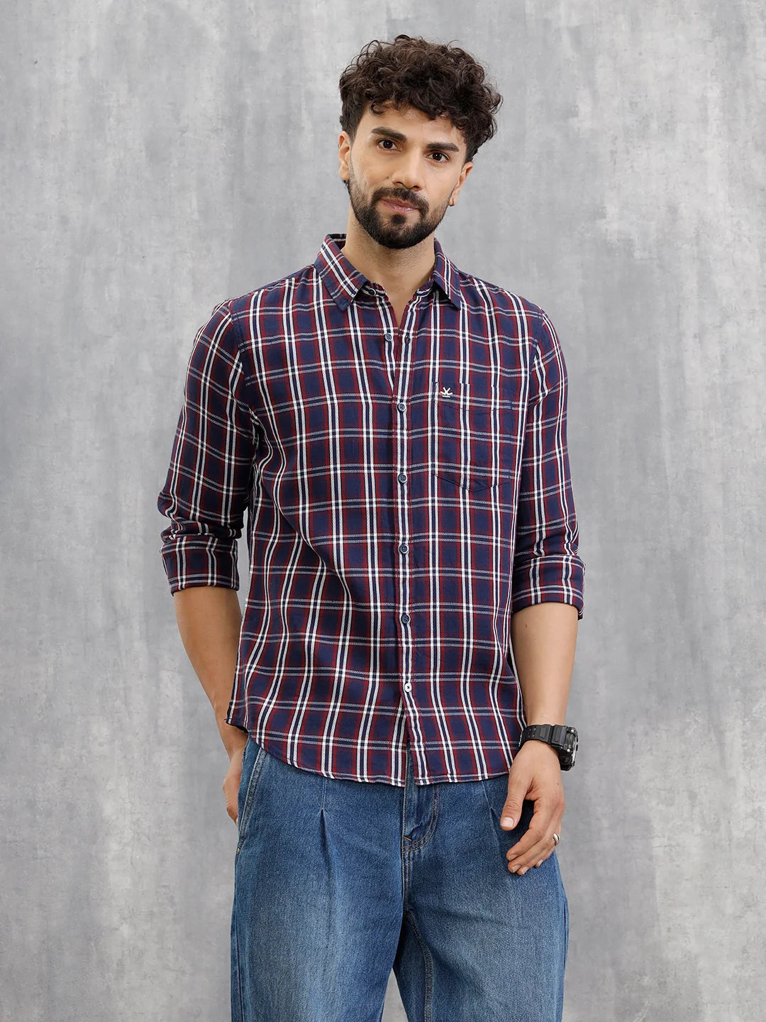 Textured Checkered Cotton Shirt | Navy Blue