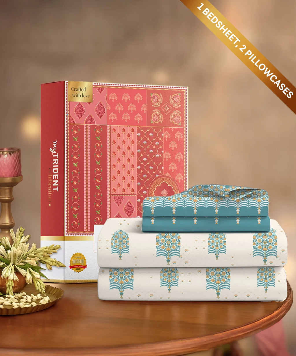 Celebration Queen Bedsheet Set, Saanjh Teal | 144 TC Cotton| 2 Pillow Covers