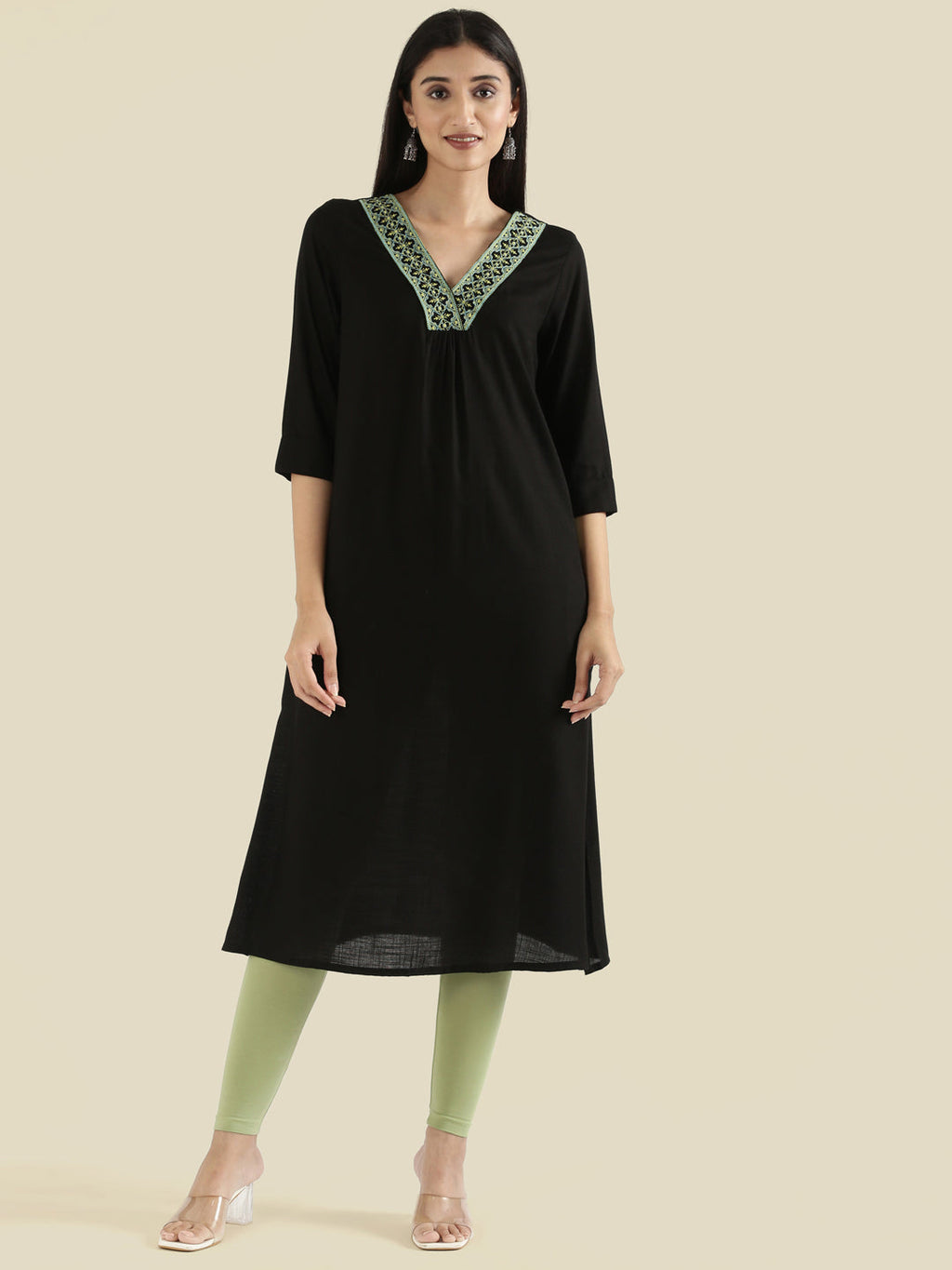 Rayon Geometric Cross-Stitch V-Neck Embroidered Straight Kurta