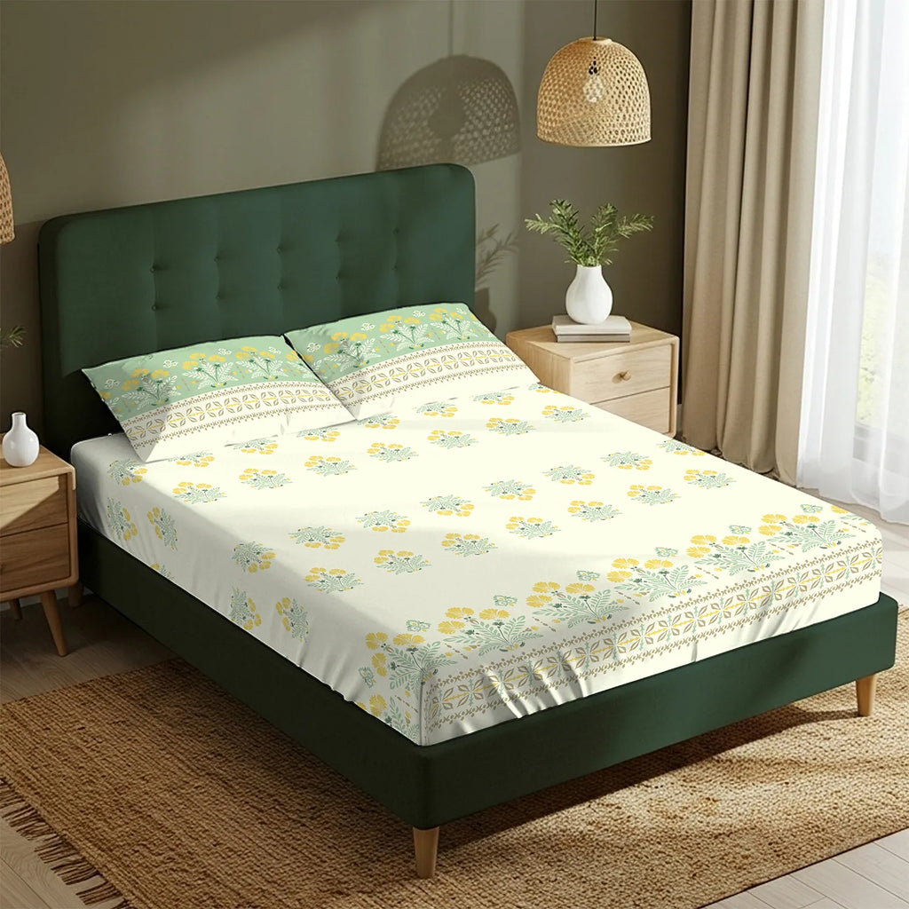 Serene 200 TC 100% Cotton Bedsheet with Pillow Covers - Malhaar Sage Green