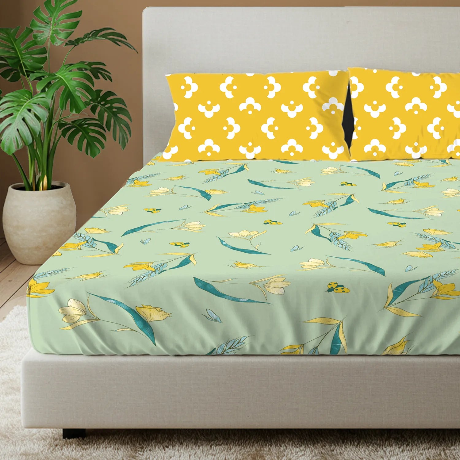 Divine Collection - Cotton Bedsheet With 2 Pillow Covers, Sprinkle Soft Green