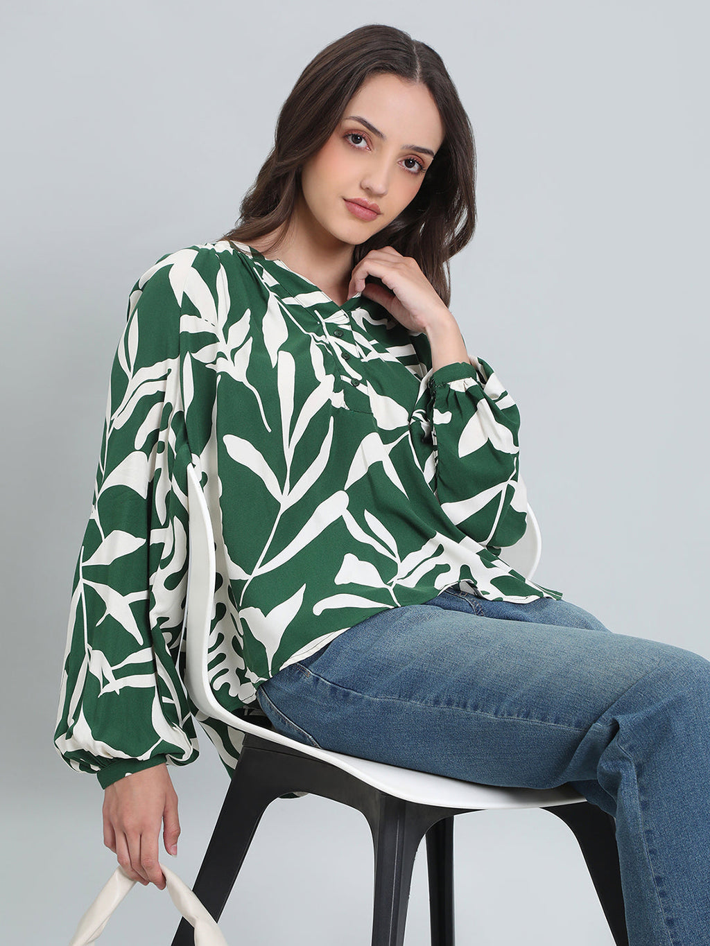 Viscose Loose Fit Mandarin Collar Printed Blouse