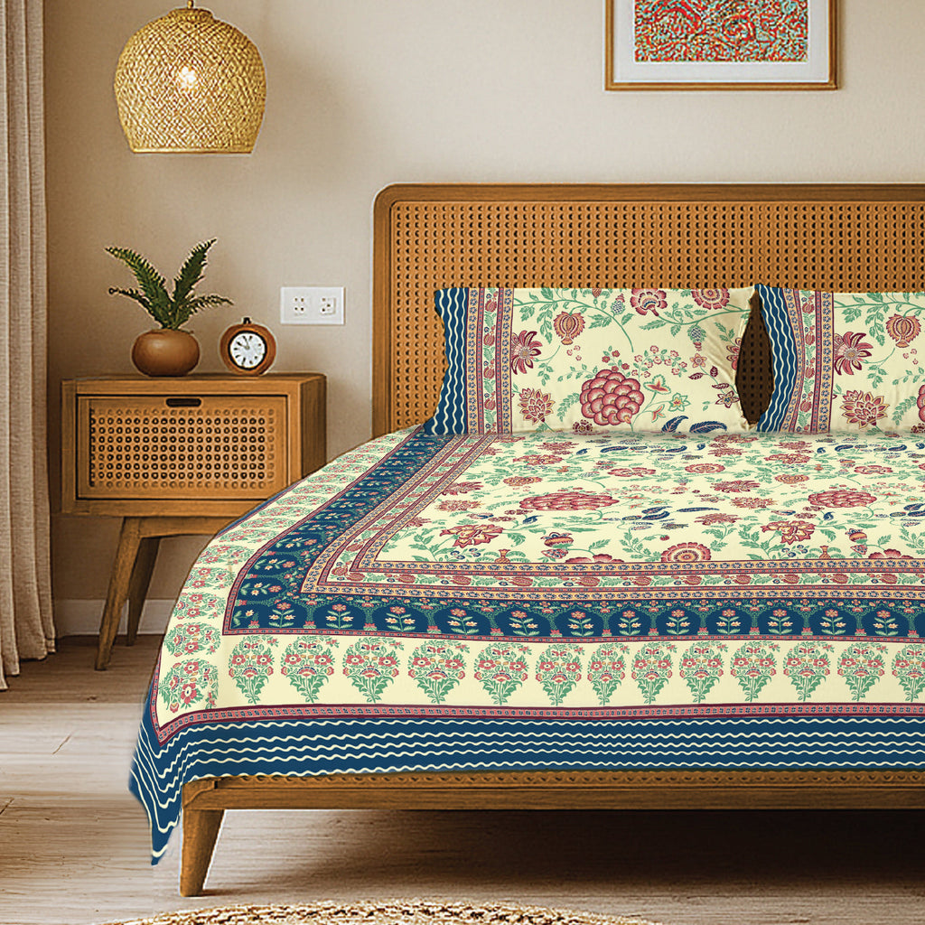 Rajasthani Ethnic 100% Cotton Bedsheet with 2 Pillow Covers, Double & King Bed - Gulbagh Navy