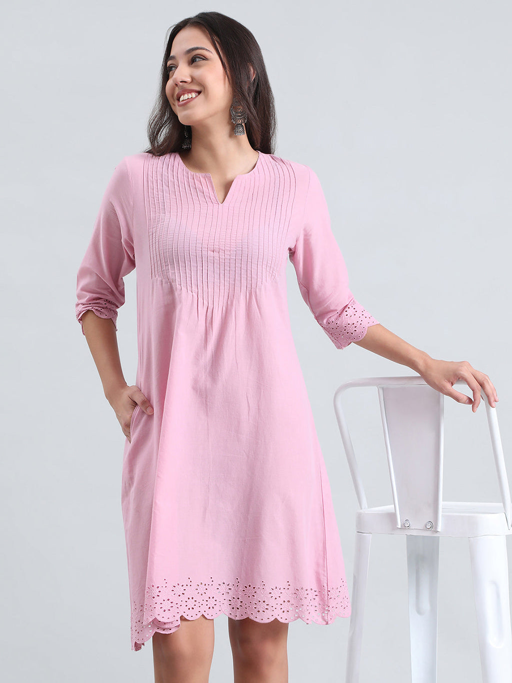 Cambric Cotton Pin-Tuck Schiffli Hakoba Midi Dress