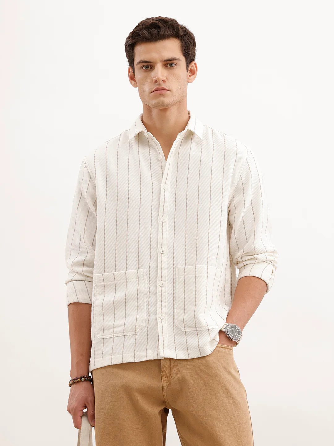 Comfort Fit Textured Striped Shirt  | Off White