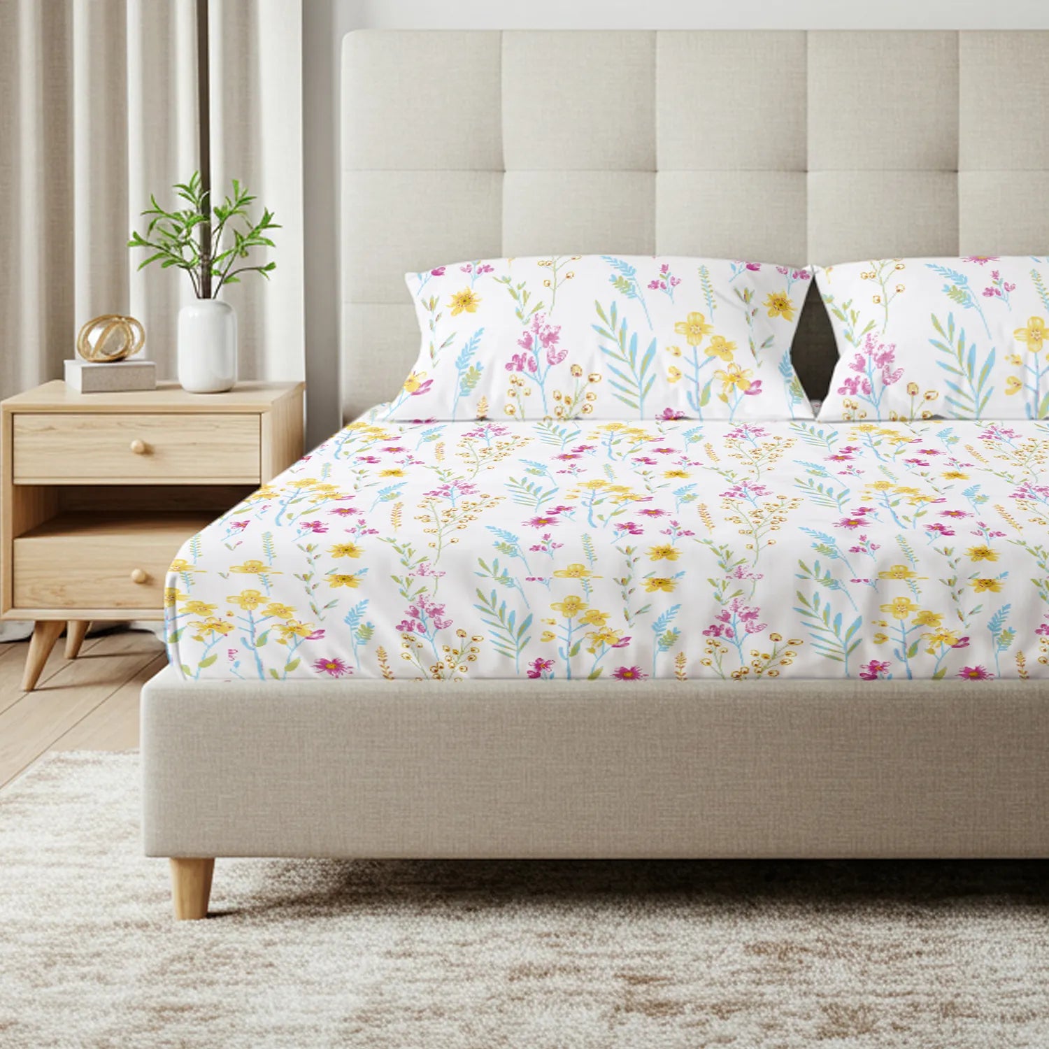 Serene Collection - Breathable 200 TC 100% Pure Cotton Bedsheet with Pillow Cover, France- Yellow