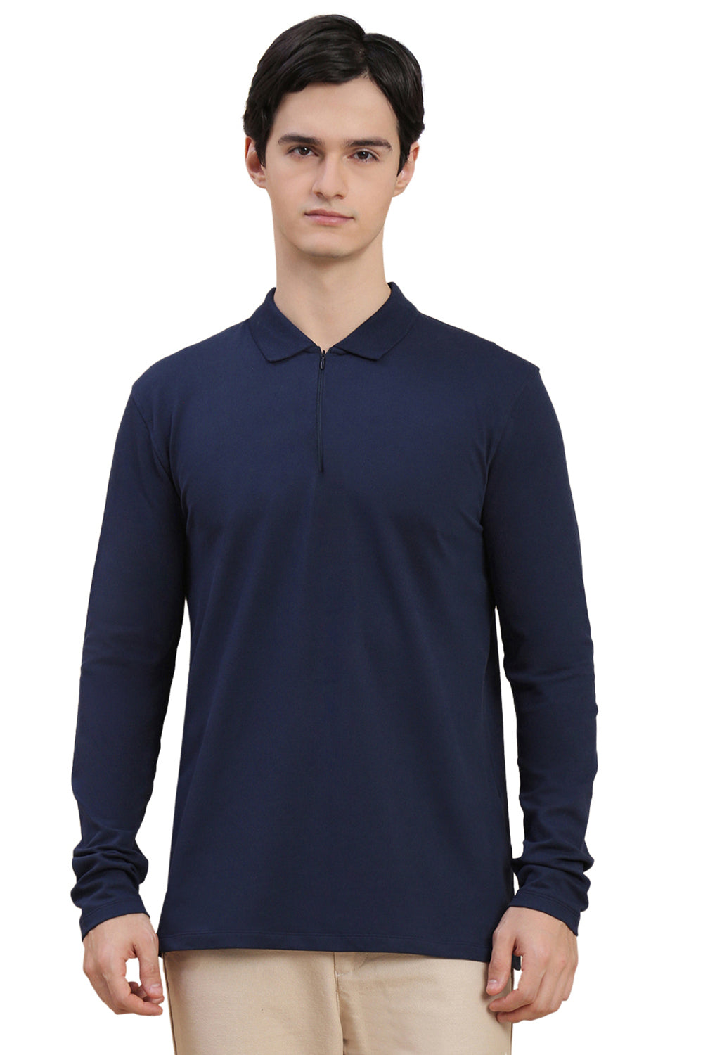Men Navy Bonded Zipper Polo T-Shirt
