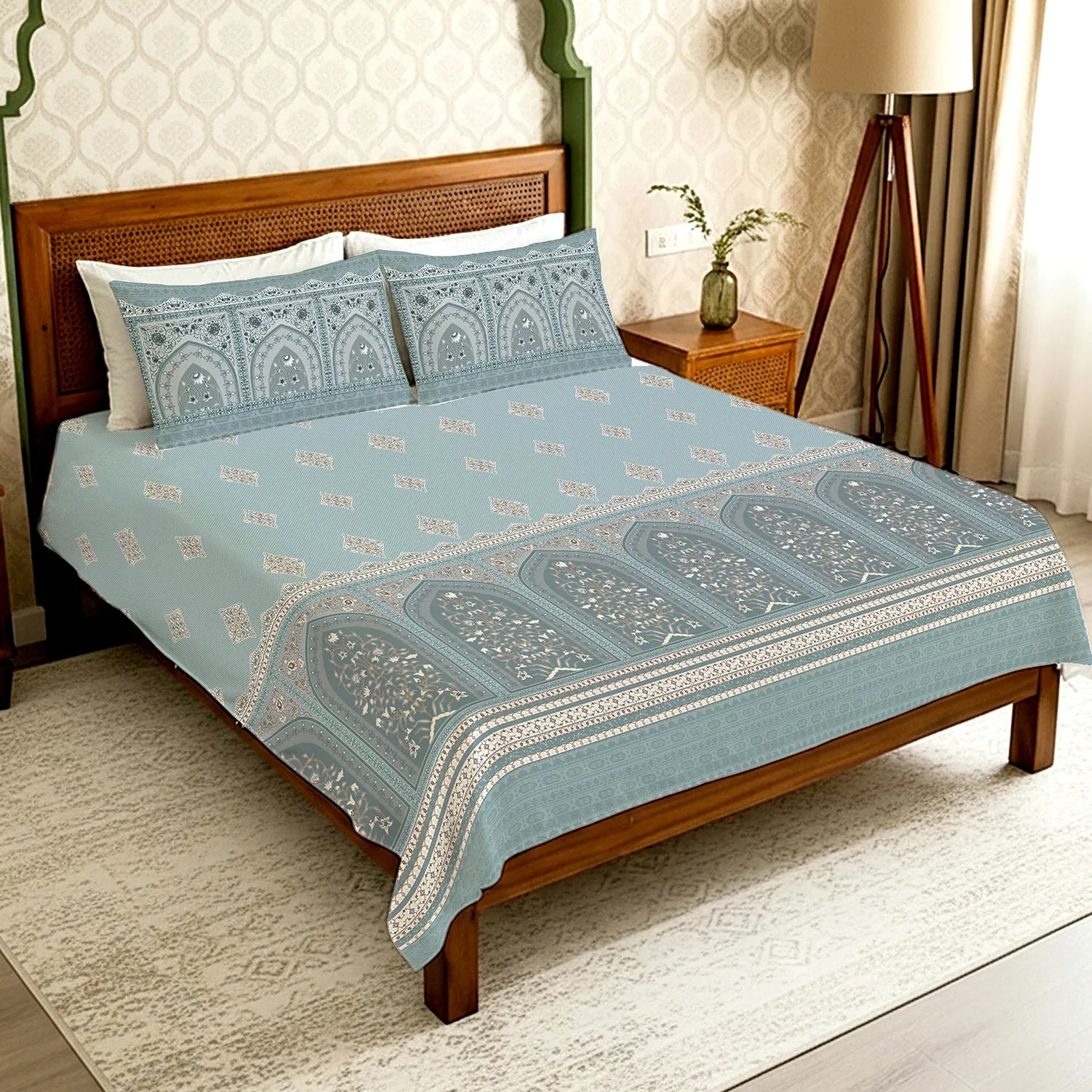Serene 300 TC 100% Cotton Bedsheet with Pillow Covers, Panel Design - Jharokha Dusty Blue