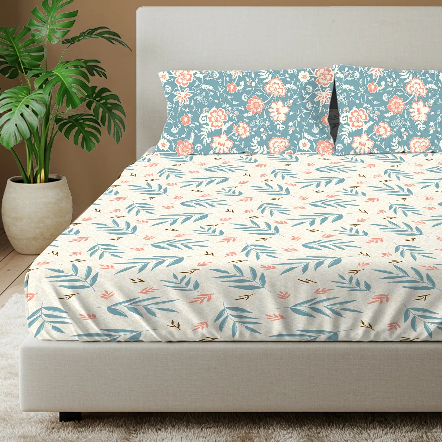 Divine Collection - Cotton Bedsheet With 2 Pillow Covers, Raina Blue