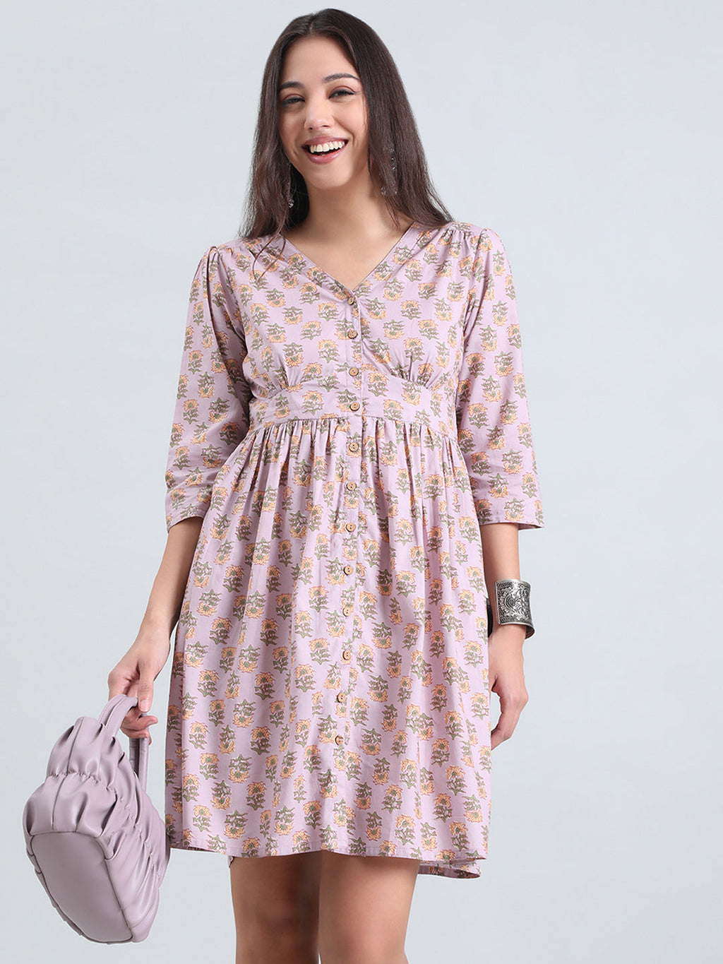 Cotton Sunflower Block Print Short Dress