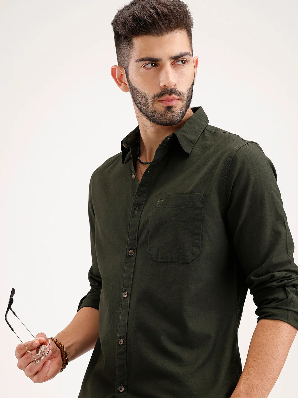 Solid Regular Fit Linen Blend Shirt | Olive