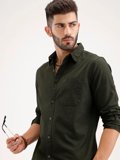 Solid Regular Fit Linen Blend Shirt | Olive