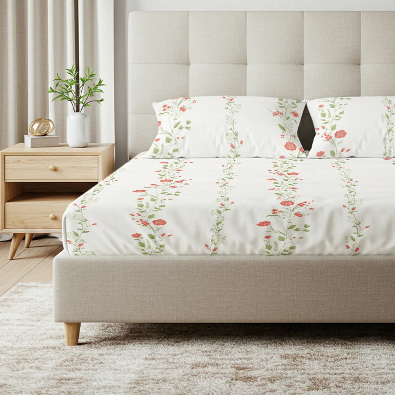 Serene Collection - Breathable 200 TC 100% Pure Cotton Bedsheet with Pillow Cover, Veil Bloom- Peach