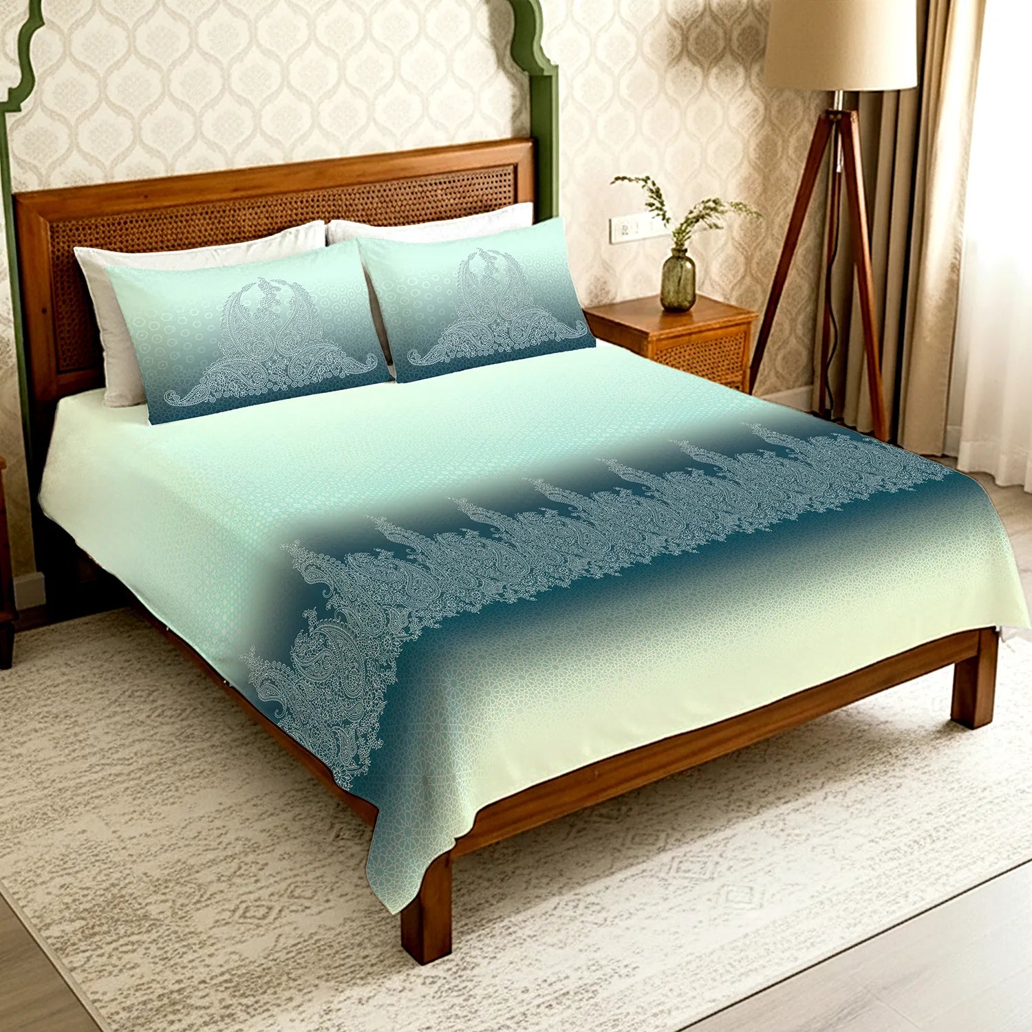 Serene 300 TC 100% Cotton Bedsheet with Pillow Covers, Panel Design - Ruhani Turquoise