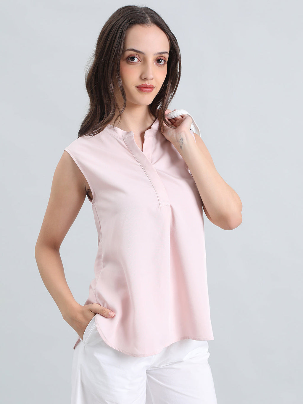 Rayon Mandarin Collar Sleeveless Top