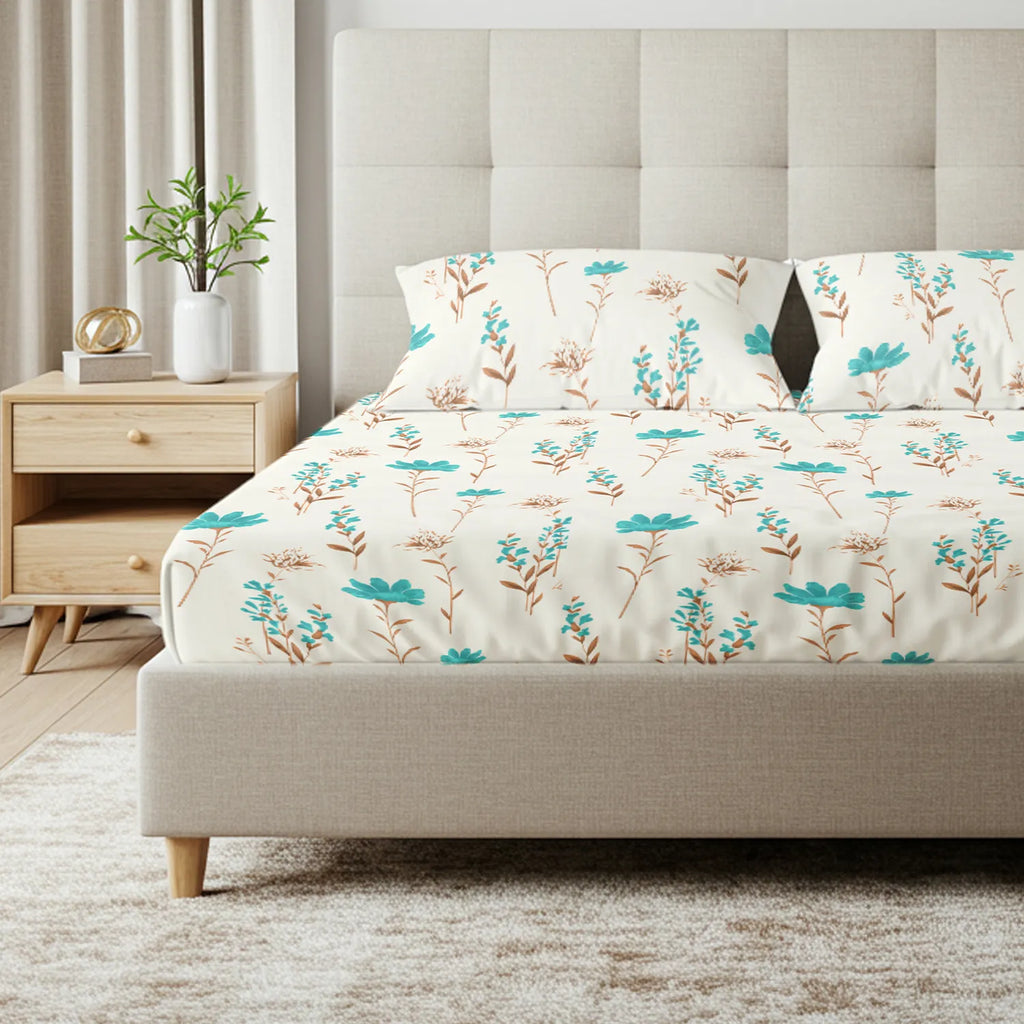 Serene 200 TC 100% Cotton Bedsheet with Pillow Covers - Orchid Blooms - Turquoise