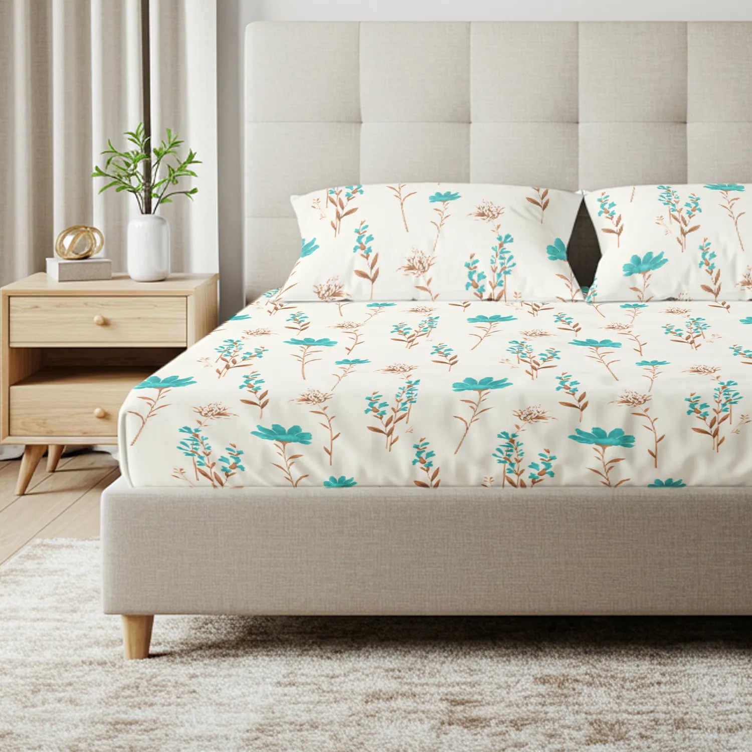 Serene 200 TC 100% Cotton Bedsheet with Pillow Covers - Orchid Blooms - Turquoise