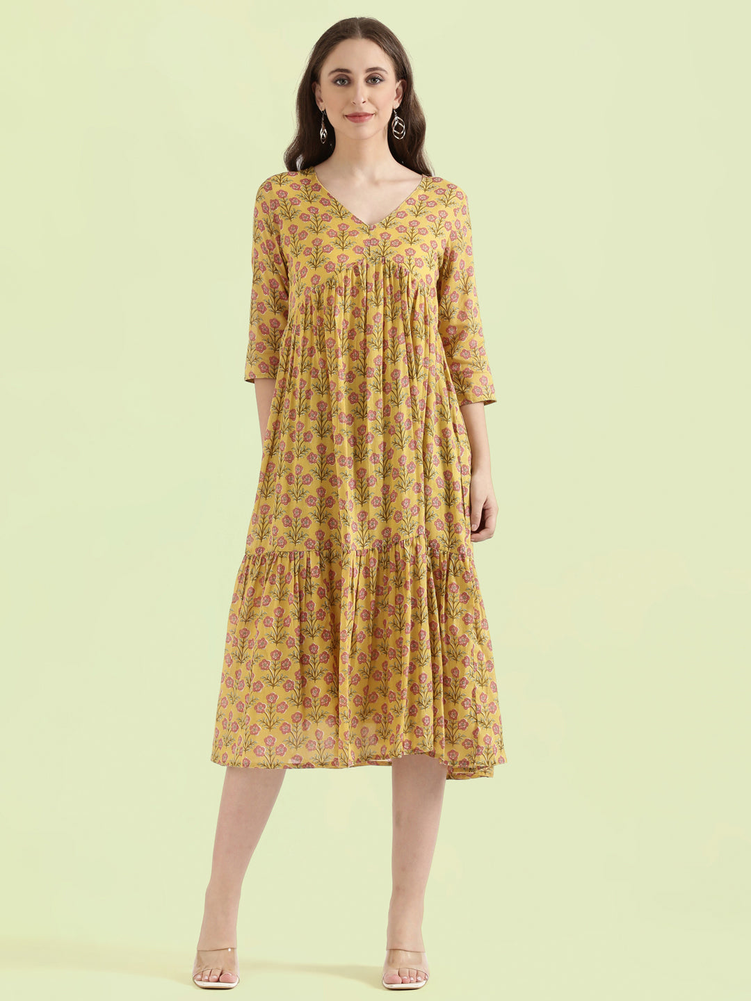 Cotton Voile Block Print V-Neck Gathered Tiered Midi Dress