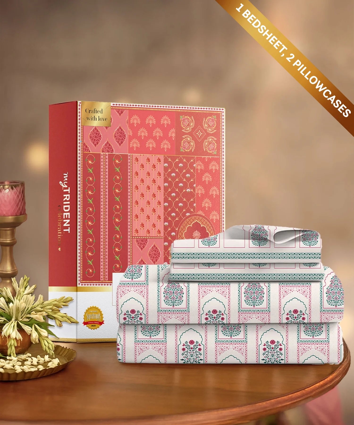 Celebration Queen Bedsheet Set, Mehira Pink | 144 TC Cotton| 2 Pillow Covers