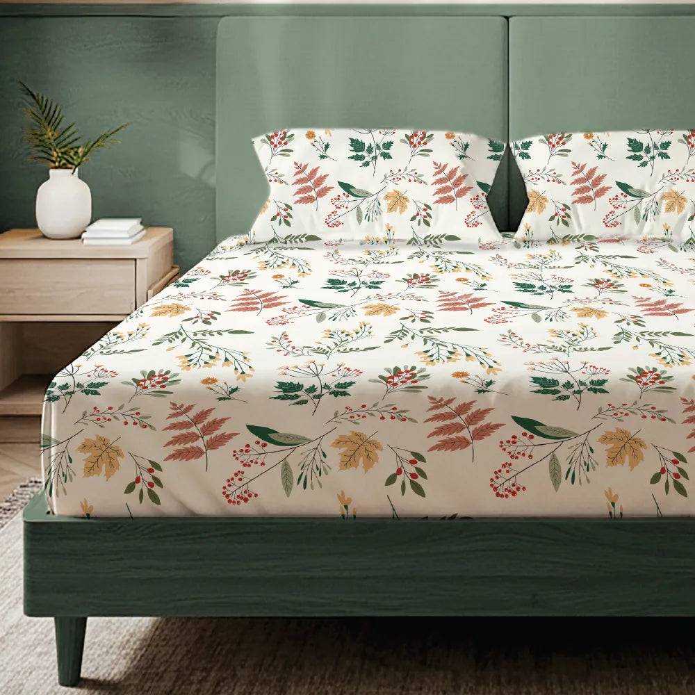 200 TC Glaced Cotton Microfiber Bedsheet with Pillow Covers - Fall Season