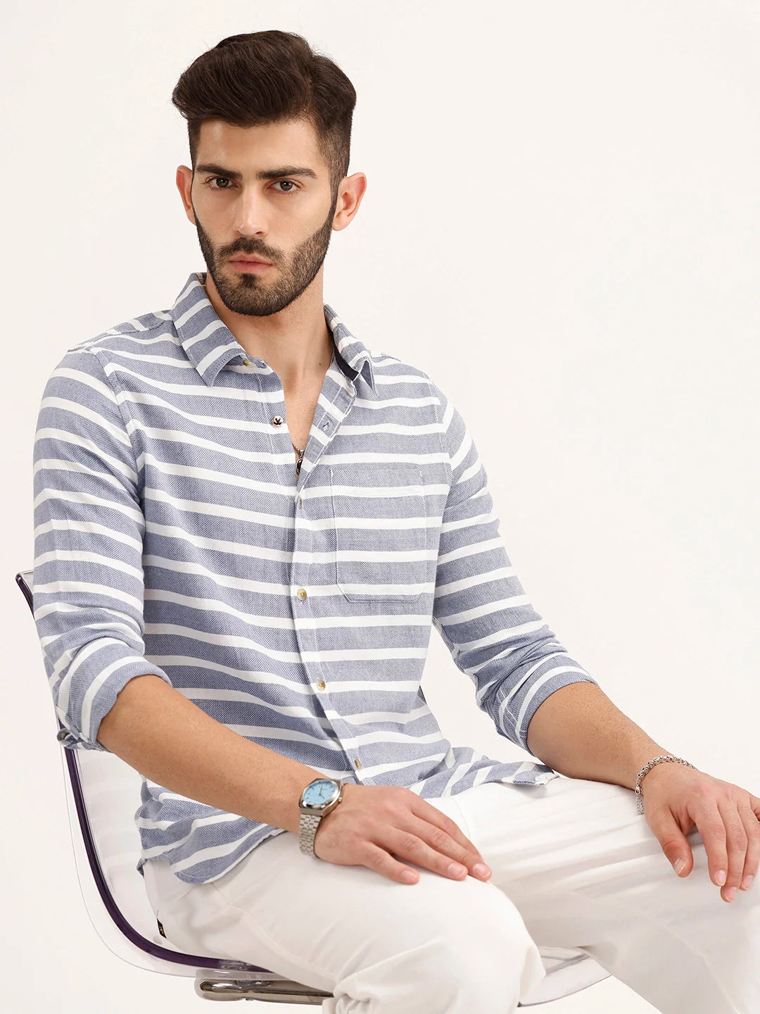 Regular Fit Striped 100% Cotton Shirt | Blue