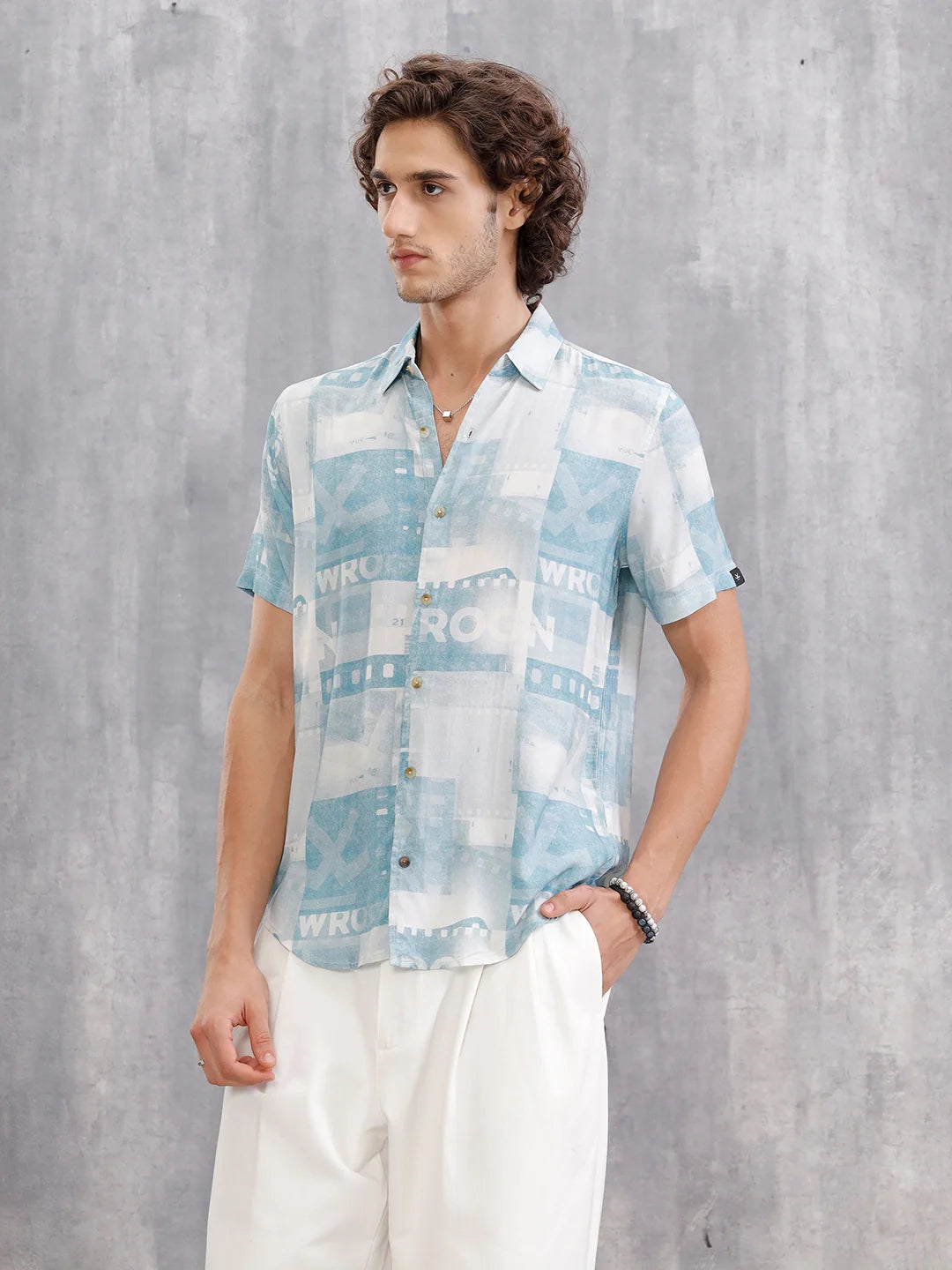 Fluid Viscose Shirt With Photo Reel Print  |  Blue