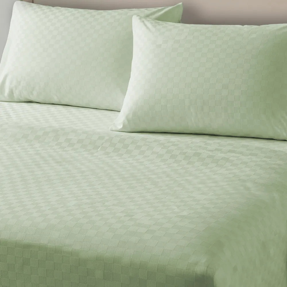 300 TC Super Soft King Bedsheet, Self Woven Cubes Design - Tea Green Cubes
