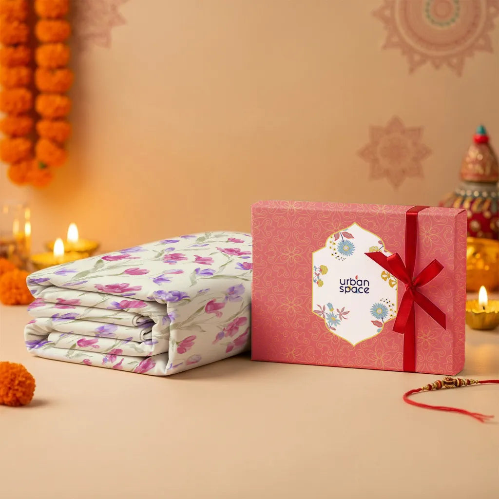 Cotton Double Bedsheet with 3 Cushion Covers in Gift Box Set, Autumn Pink