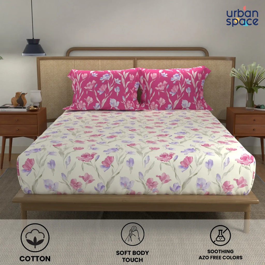 Cotton Double Bedsheet with 3 Cushion Covers in Gift Box Set, Autumn Pink