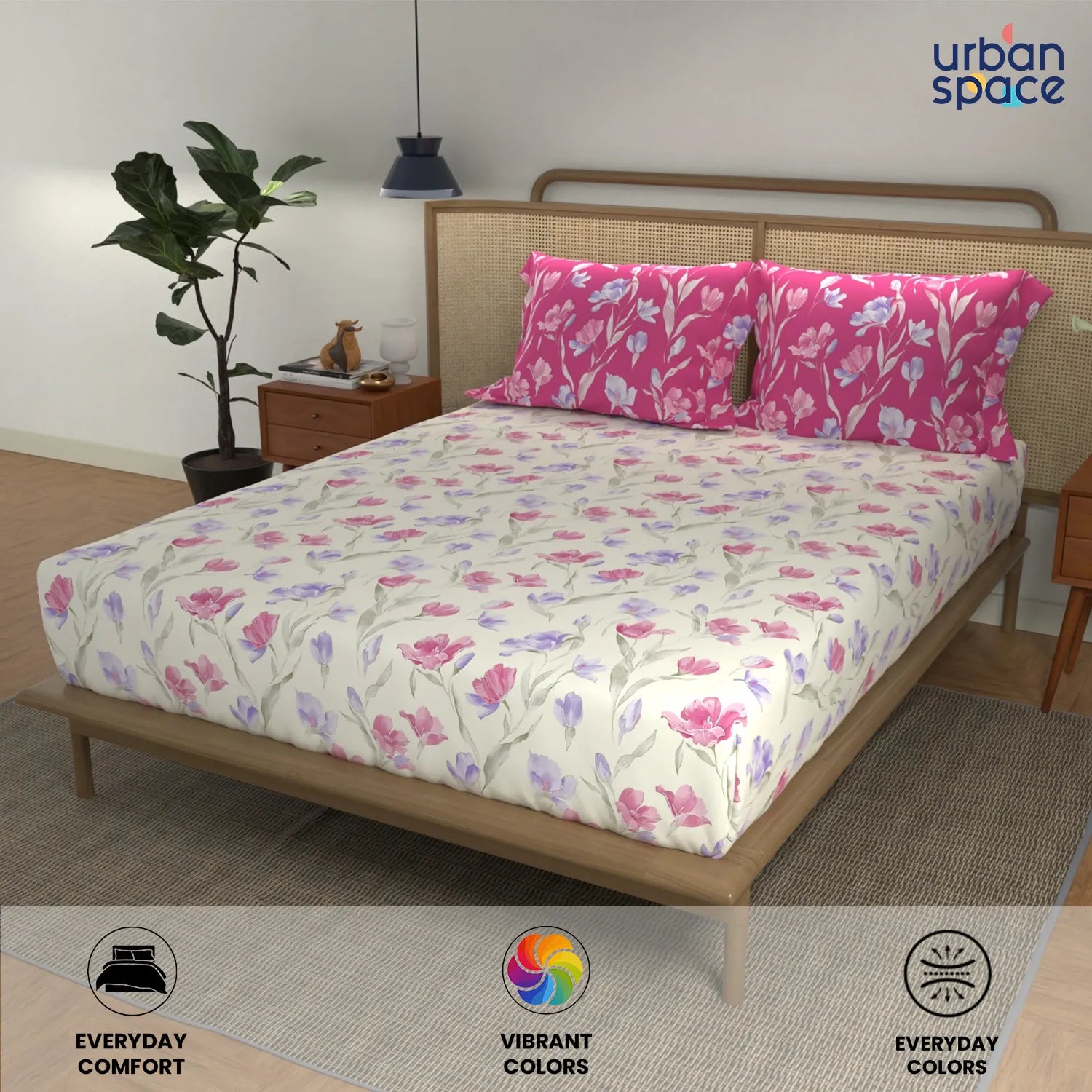Cotton Double Bedsheet with 3 Cushion Covers in Gift Box Set, Autumn Pink