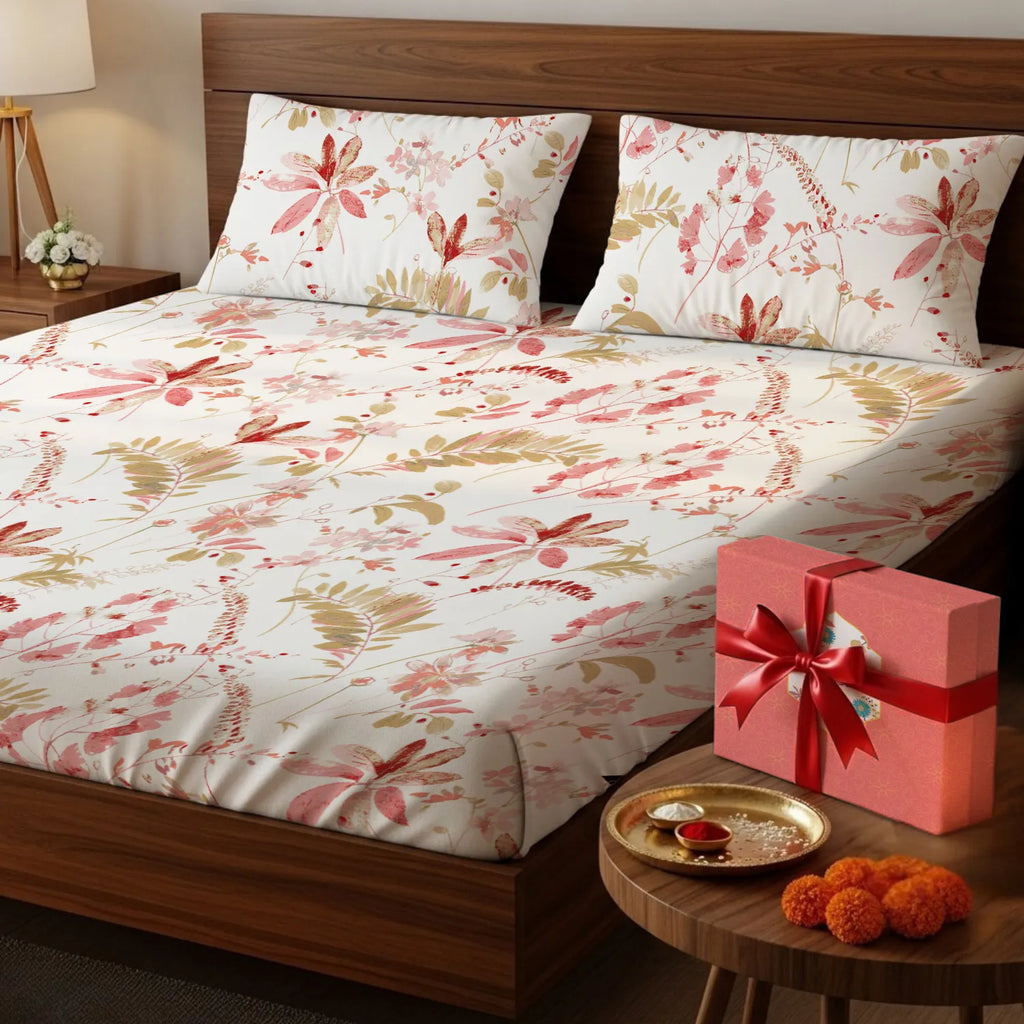 Gift Box Serene 200 TC 100% Cotton Printed Bedsheet with Pillow Covers - Floral Feast Peach