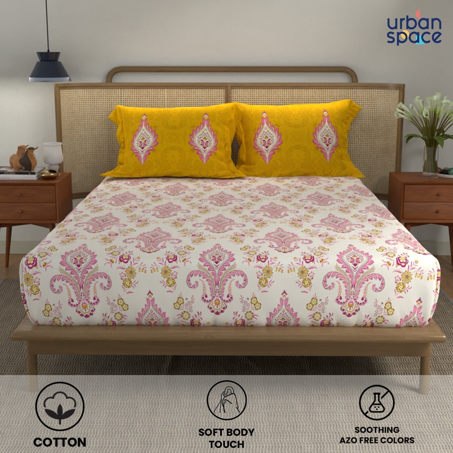 Divine Collection - Cotton Bedsheet With 2 Pillow Covers, Motif Mustard