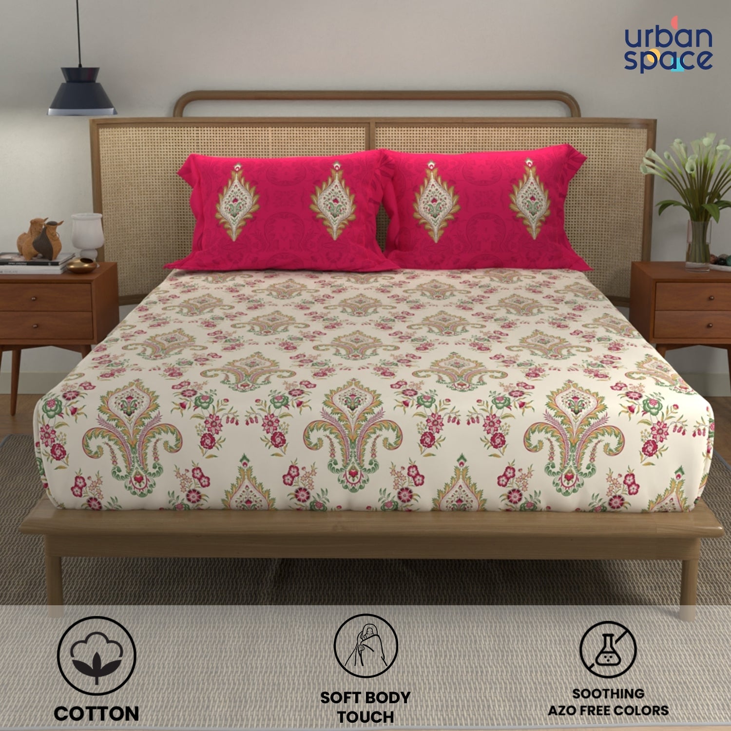 Divine Collection - Cotton Bedsheet With 2 Pillow Covers, Motif Red