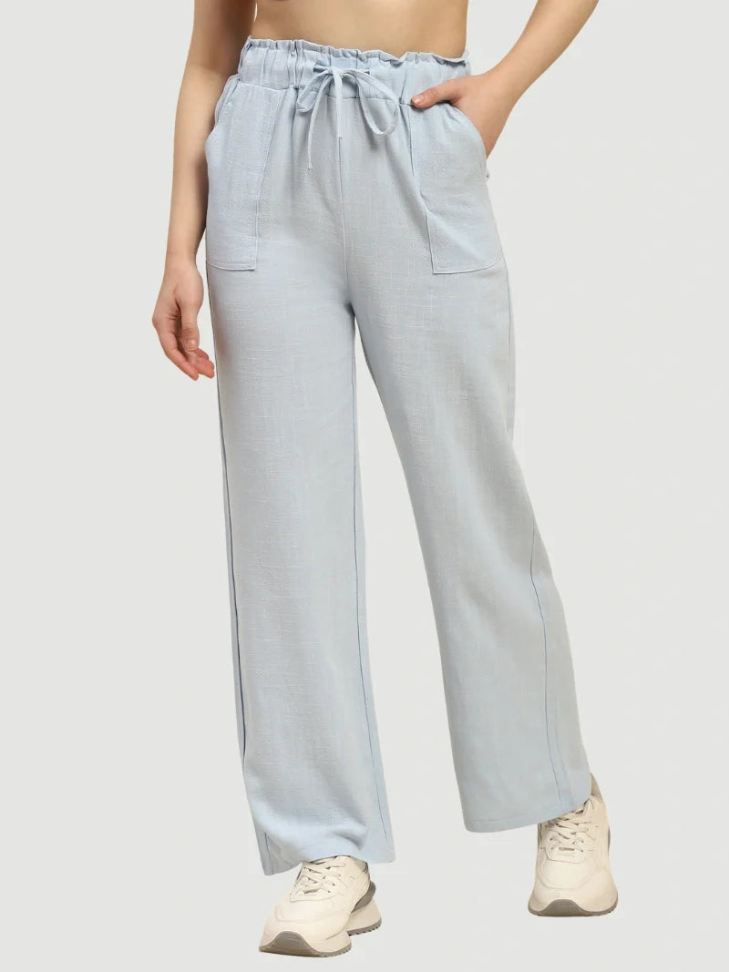 Blue Solid Cotton Linen Relaxed Lower