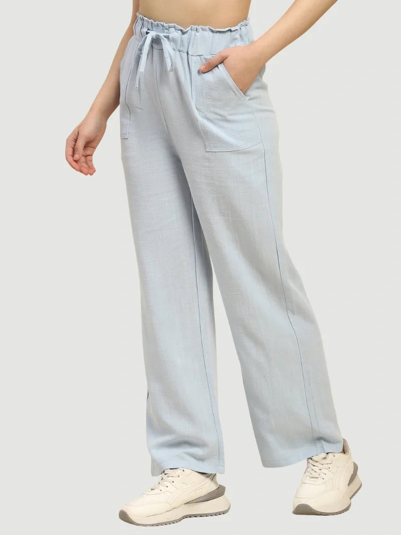 Blue Solid Cotton Linen Relaxed Lower