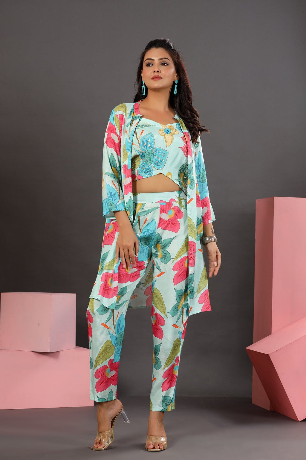 Floral Lagoon Three Piece Russian Silk Co-ord Set