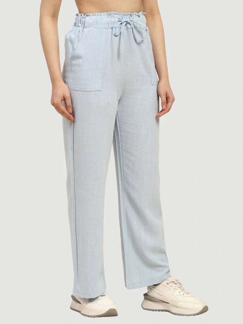 Blue Solid Cotton Linen Relaxed Lower