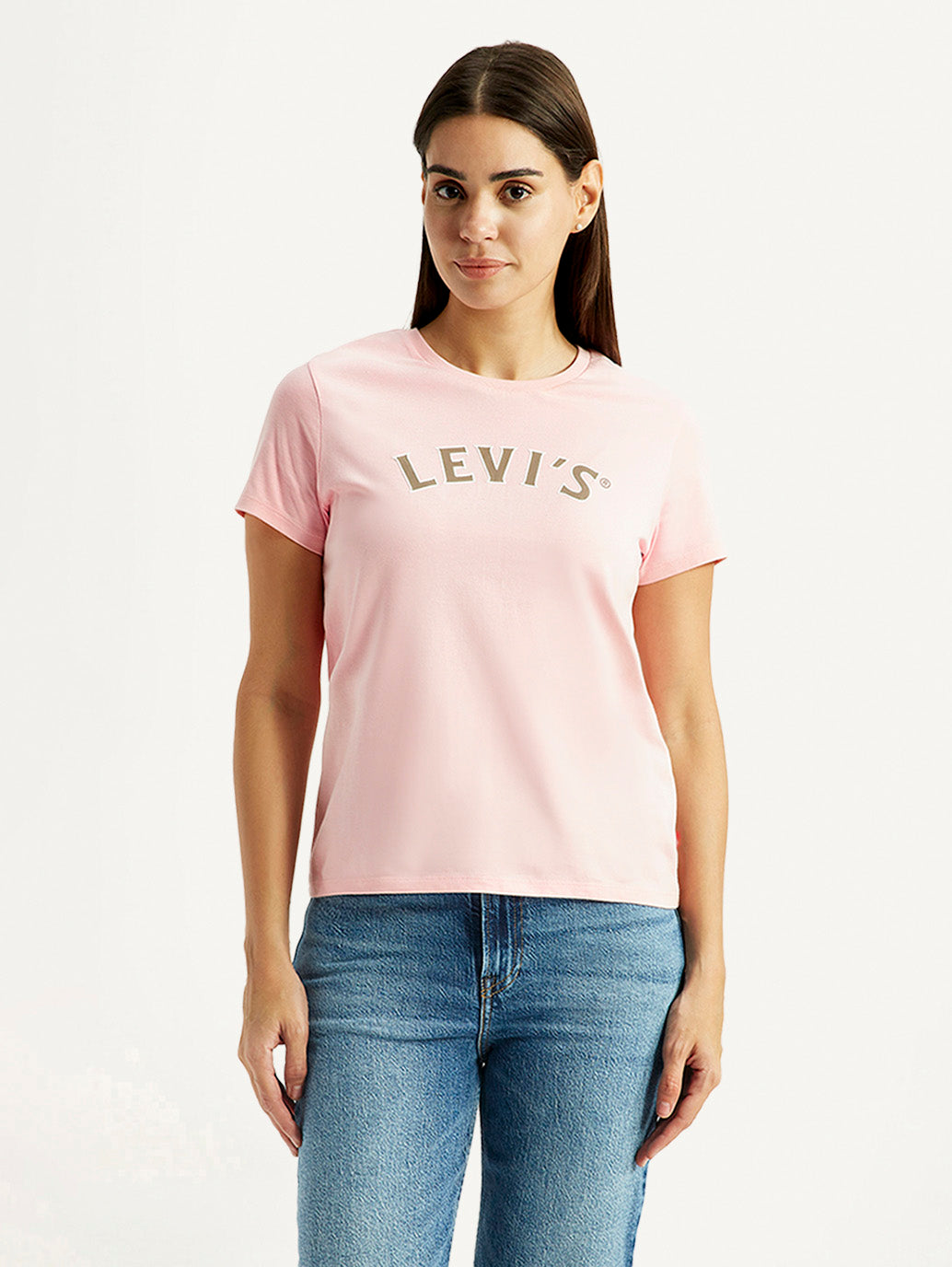 Women's Brand Logo Light Pink Round Neck Relaxed Fit T-shirt