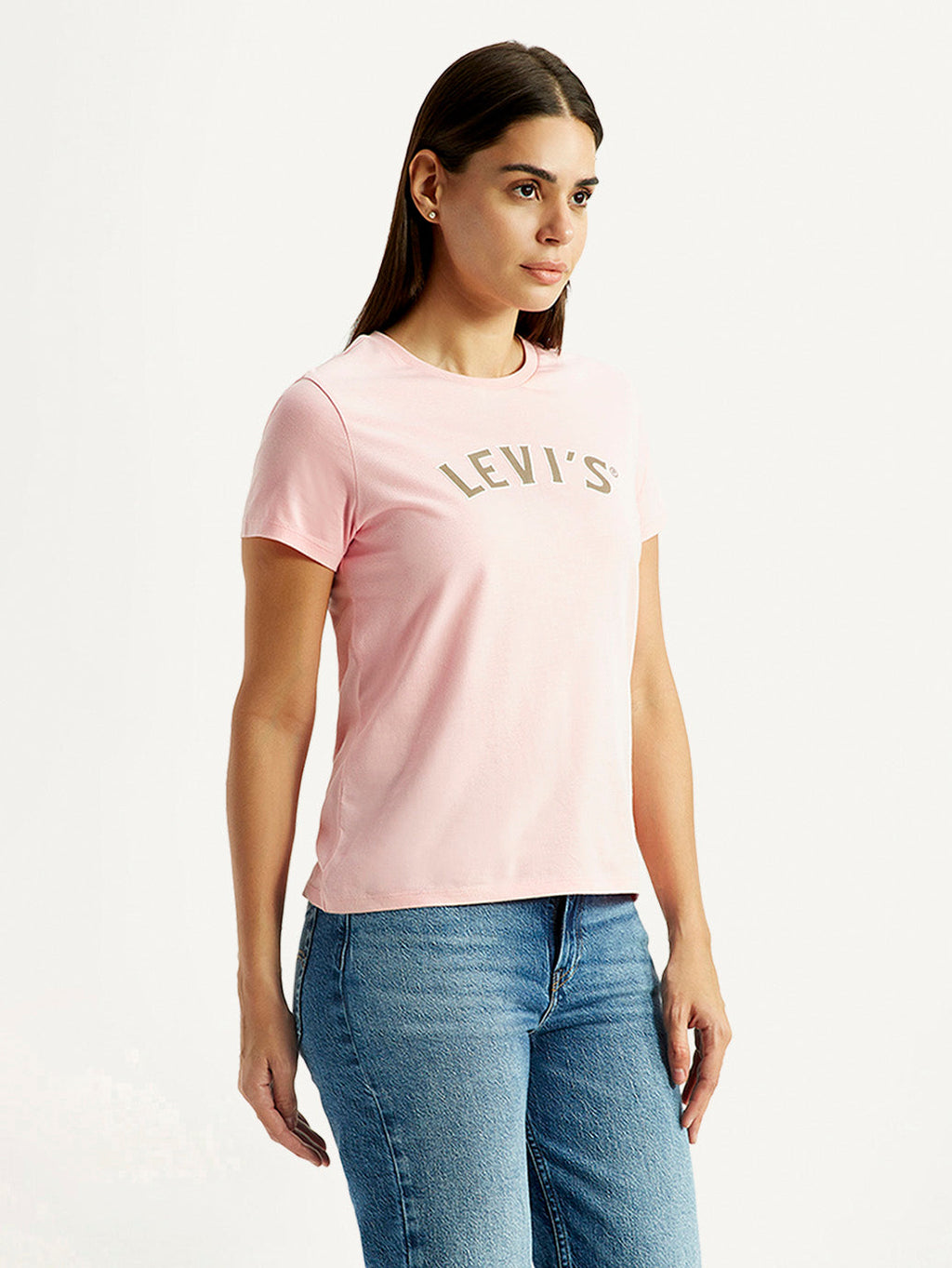 Women's Brand Logo Light Pink Round Neck Relaxed Fit T-shirt