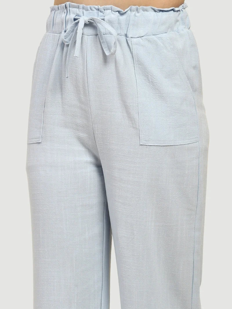 Blue Solid Cotton Linen Relaxed Lower