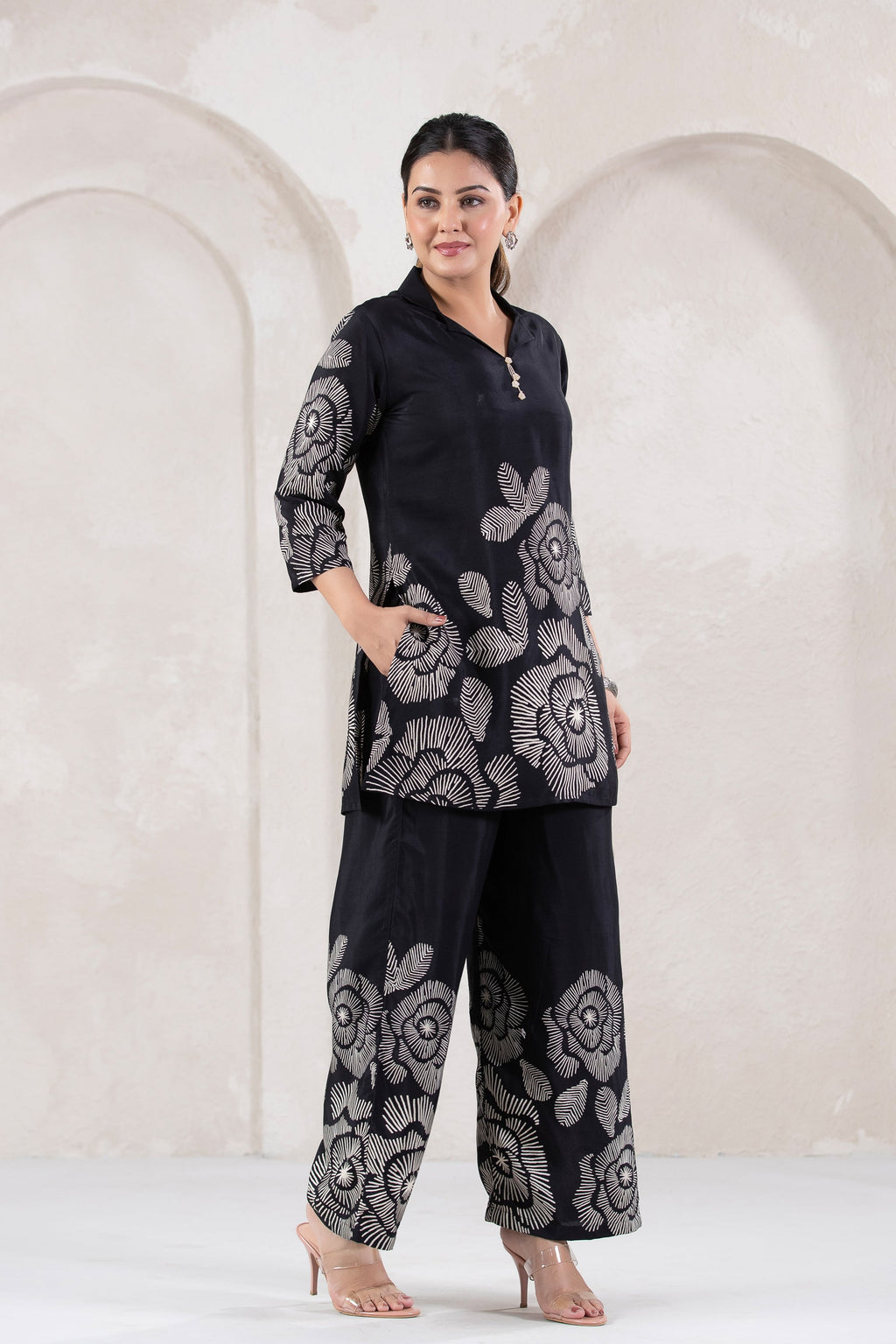 Bold Bloom in Black Printed Russian Silk Co-ord Set