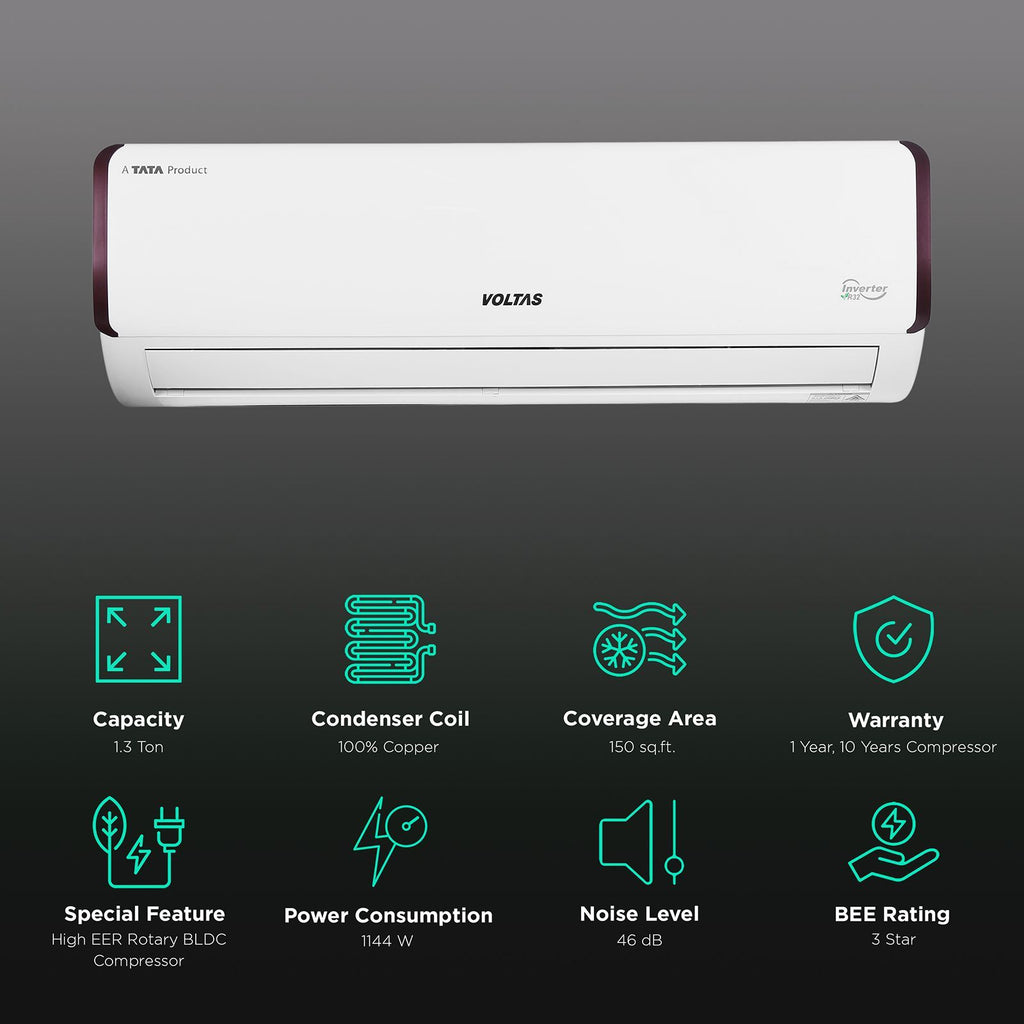 VOLTAS 163V Vectra Pearl 4 in 1 Convertible 1.3 Ton 3 Star Inverter Split AC with Anti Dust Filter ( Copper Condenser, 4503543)