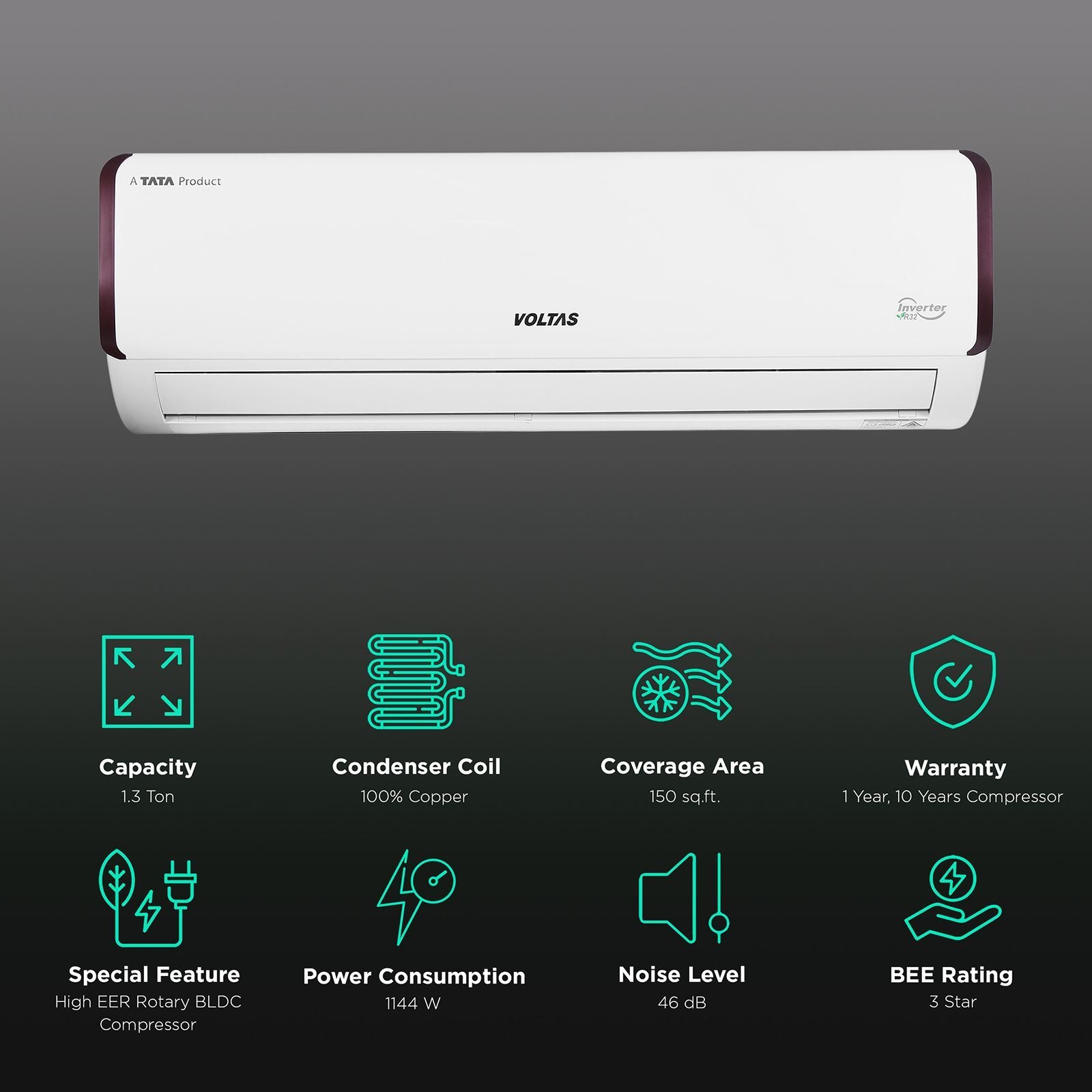 VOLTAS 163V Vectra Pearl 4 in 1 Convertible 1.3 Ton 3 Star Inverter Split AC with Anti Dust Filter ( Copper Condenser, 4503543)