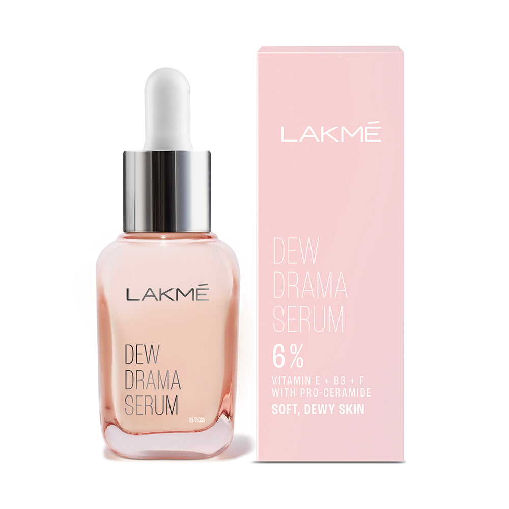 Lakmē Dew Drama Serum, 6% Vit B3, E, F & Pro-Ceramides for Skin Barrier & Dewy Radiance 30ml