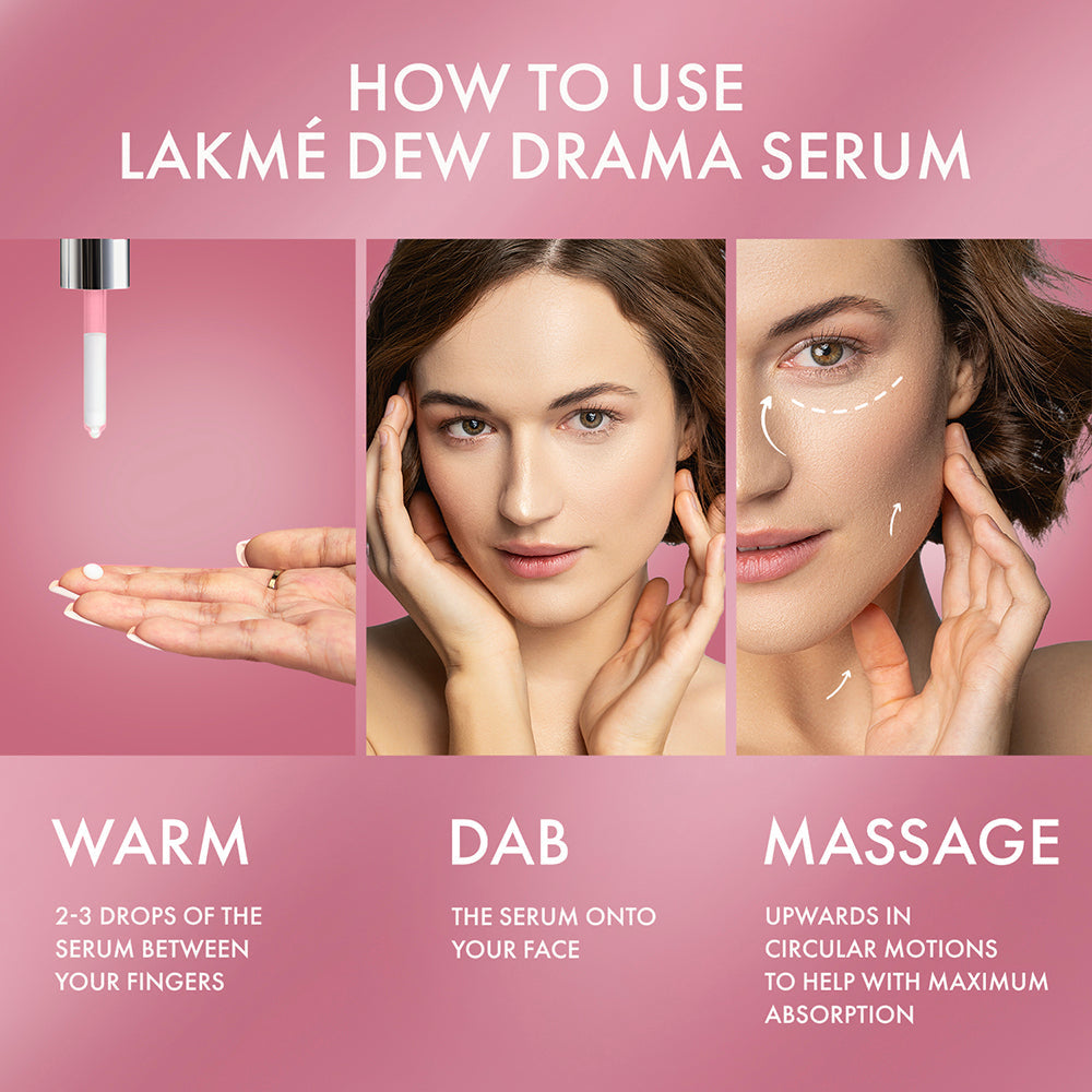 Lakmē Dew Drama Serum, 6% Vit B3, E, F & Pro-Ceramides for Skin Barrier & Dewy Radiance 30ml