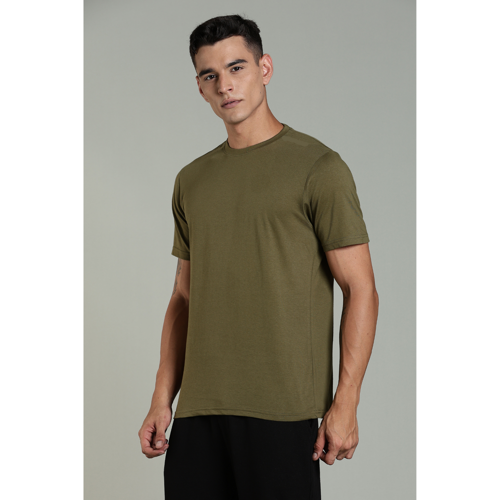 Men Olive Cotton Regular T-Shirt