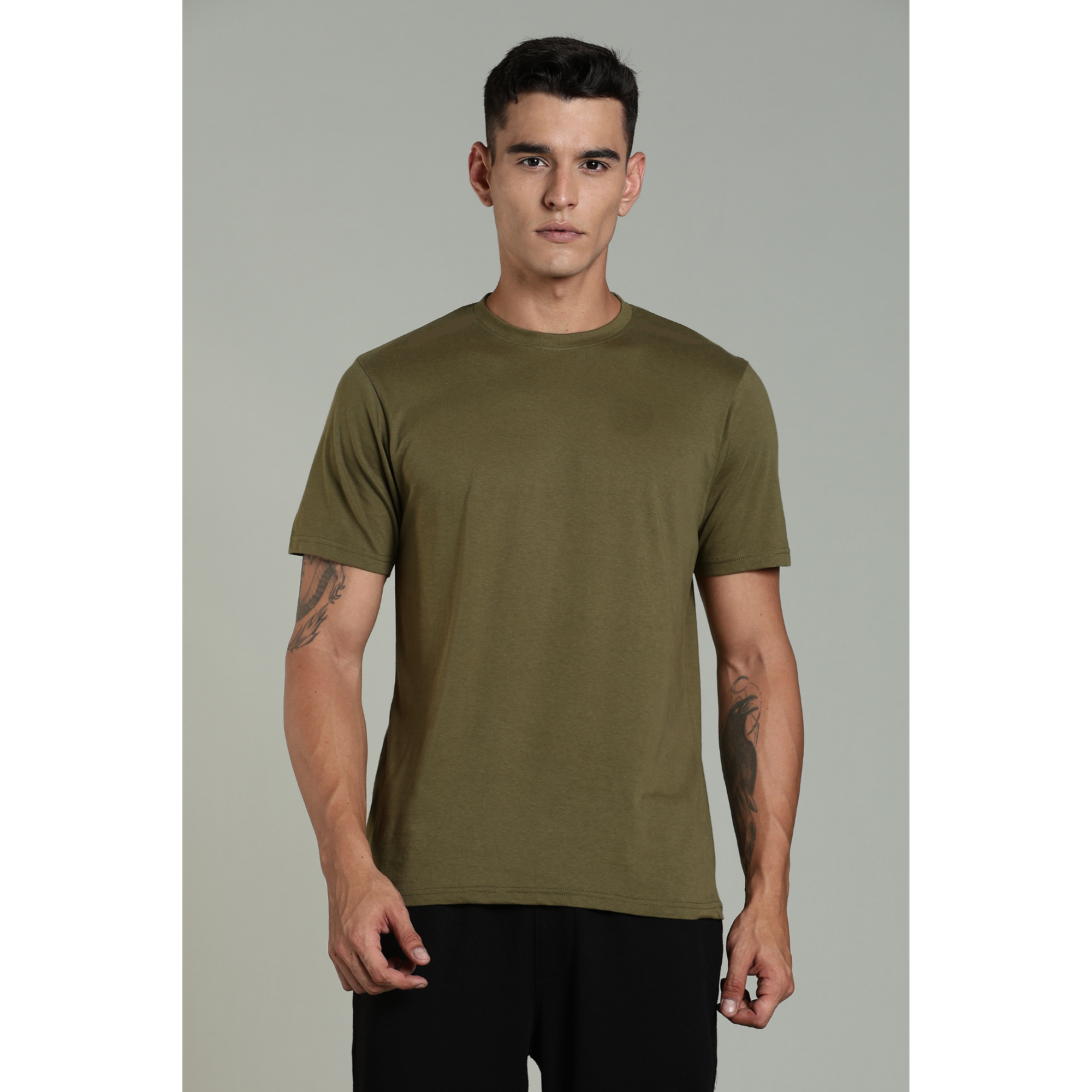 Men Olive Cotton Regular T-Shirt