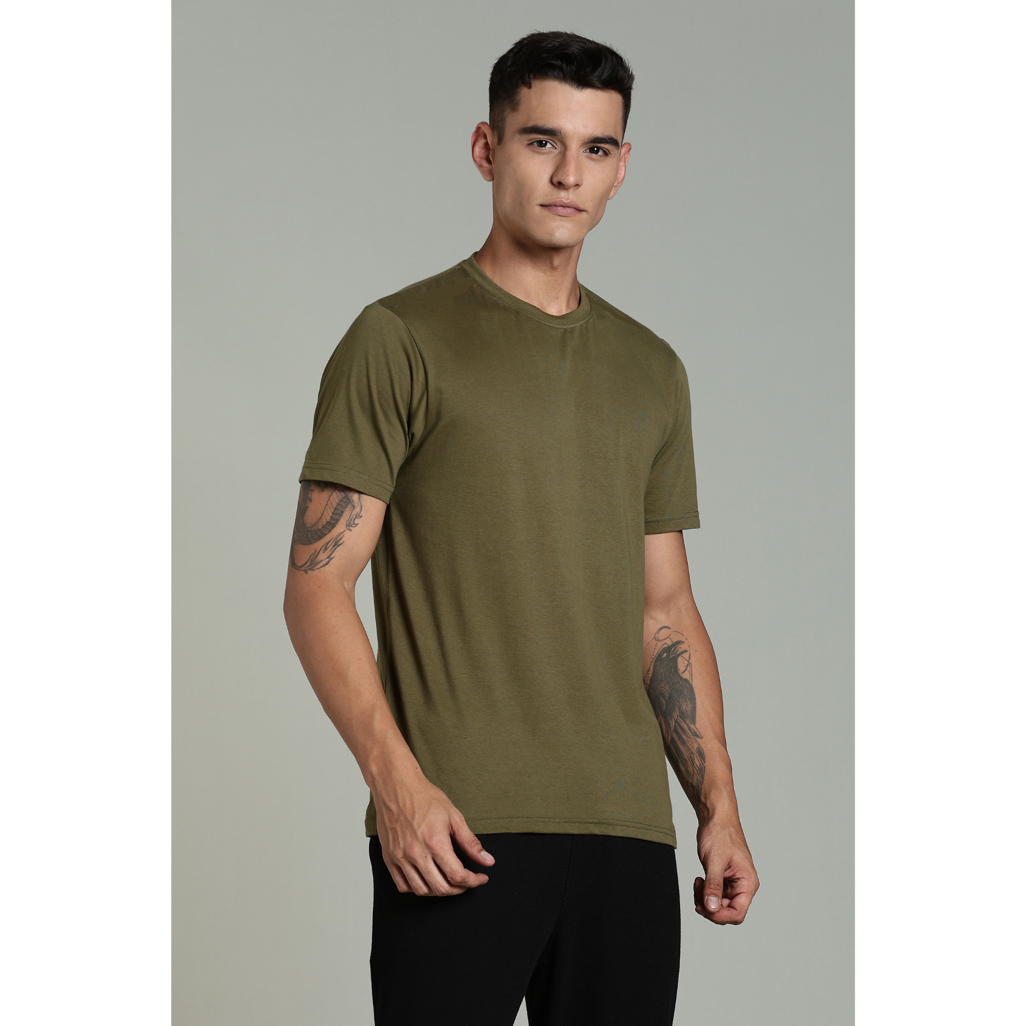 Men Olive Cotton Regular T-Shirt