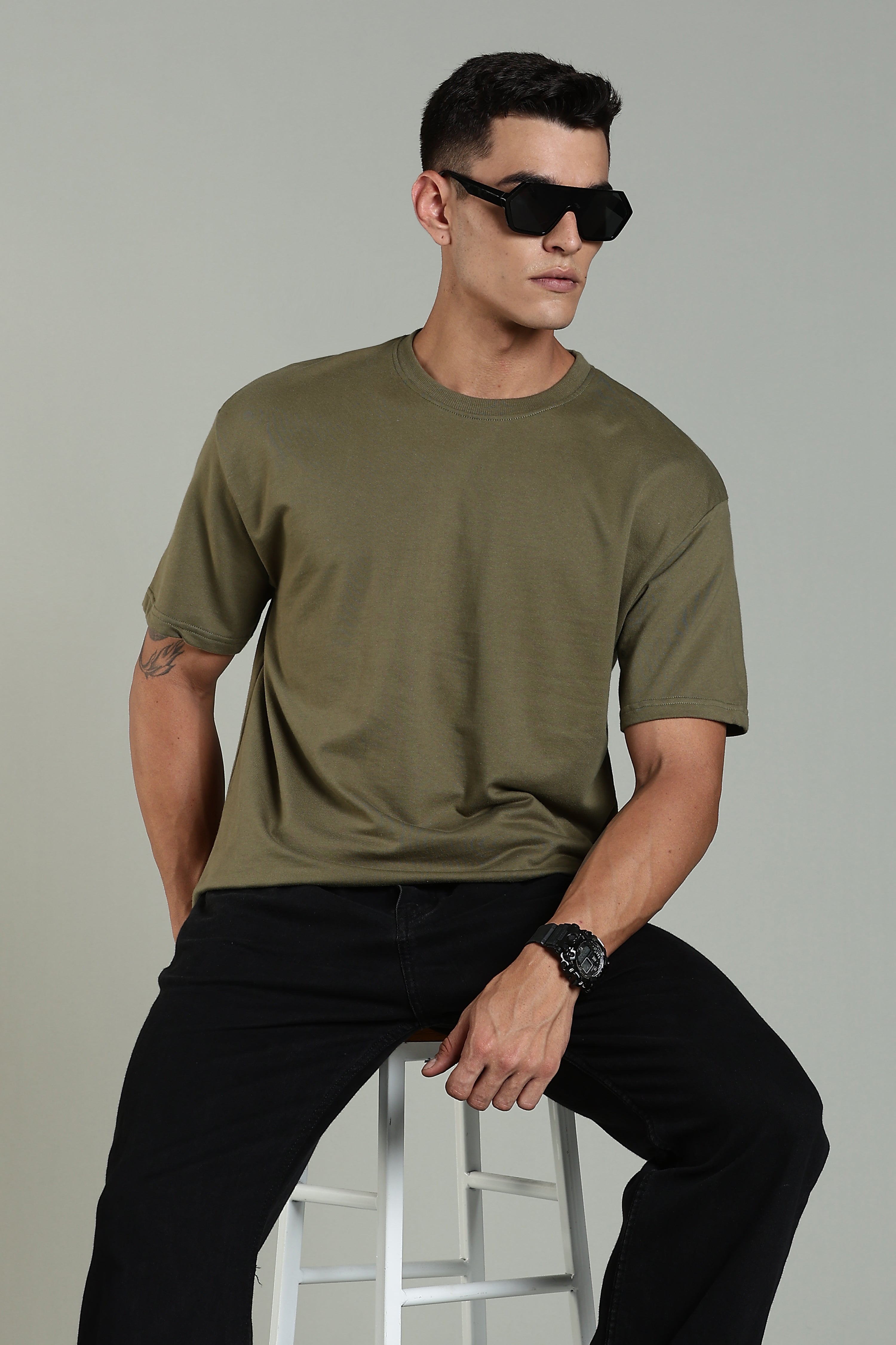 Men Olive Cotton Oversized T-Shirt
